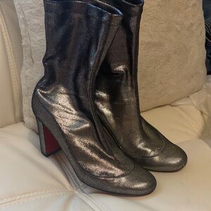 💯 Authentic, verified. Christian Louboutin Metallic Silver Mid-Calf Heeled Boots